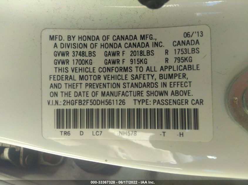 2013 HONDA CIVIC SDN LX 2HGFB2F50DH561126