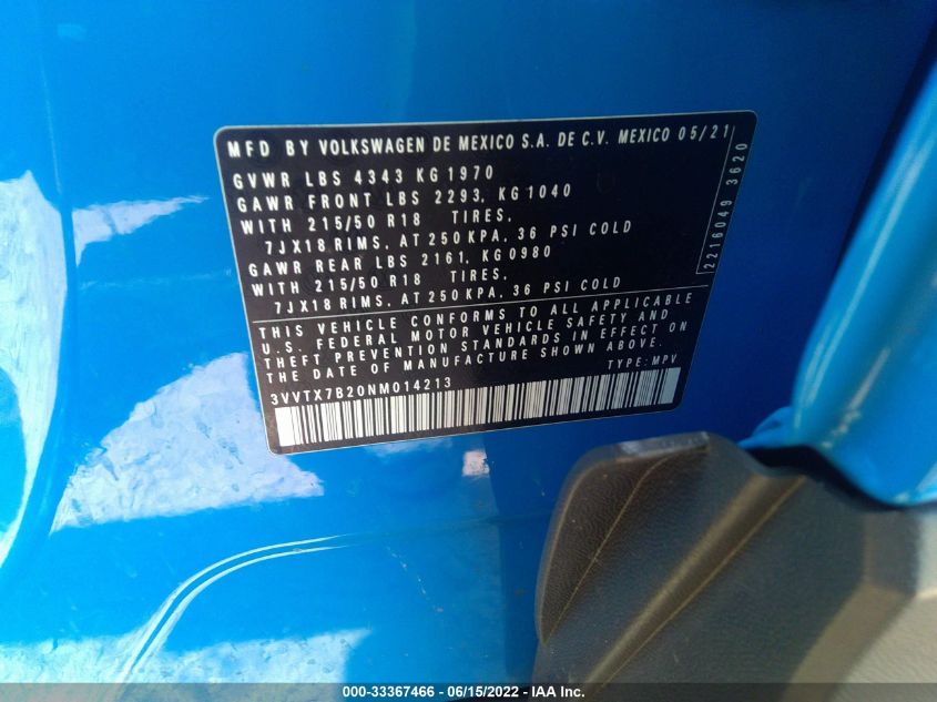 2022 VOLKSWAGEN TAOS SE 3VVTX7B20NM014213