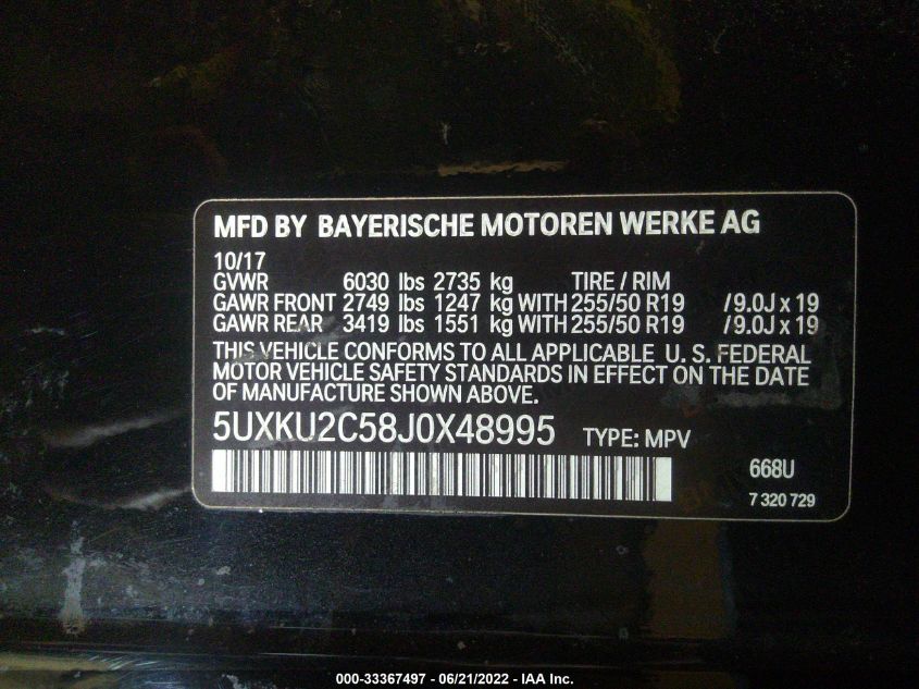 2018 BMW X6 XDRIVE35I 5UXKU2C58J0X48995