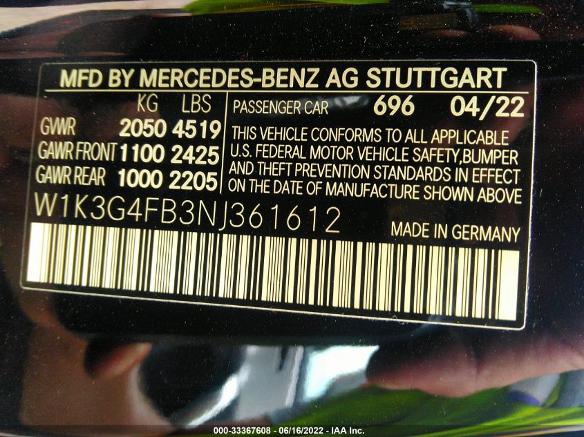 2022 MERCEDES-BENZ A-CLASS A 220 W1K3G4FB3NJ361612