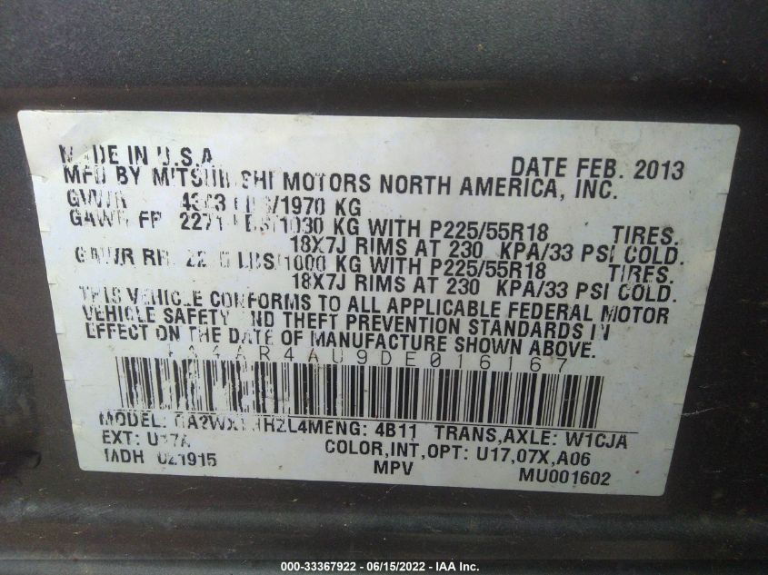 2013 MITSUBISHI OUTLANDER SPORT SE 4A4AR4AU9DE016167