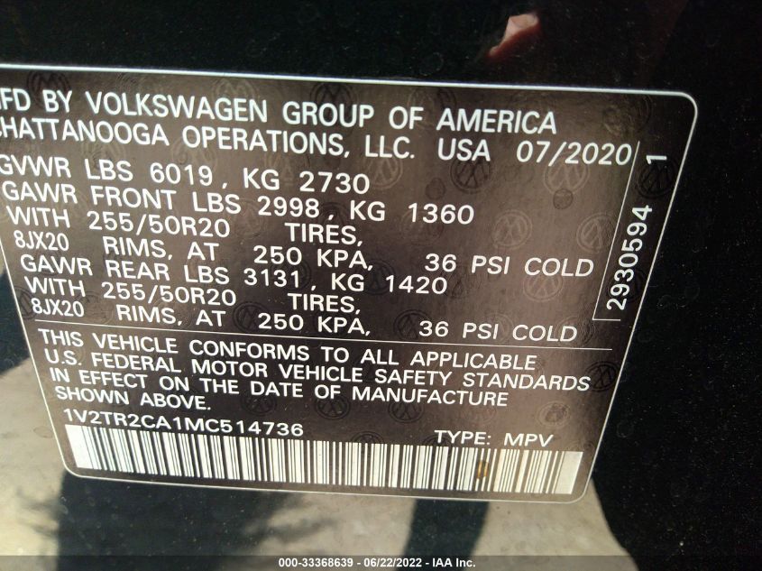2021 VOLKSWAGEN ATLAS 3.6L V6 SEL PREMIUM 1V2TR2CA1MC514736