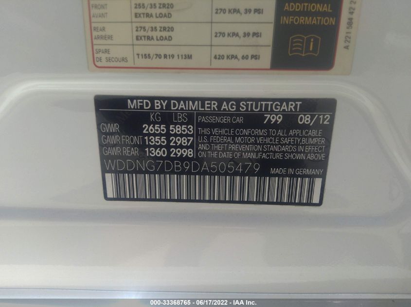 2013 MERCEDES-BENZ S-CLASS S 550 WDDNG7DB9DA505479