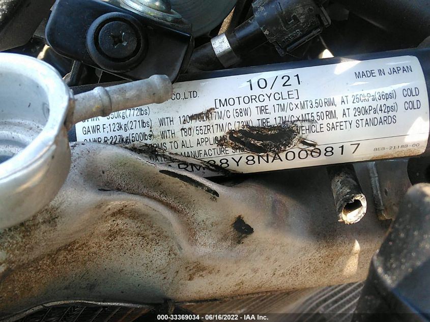 2022 YAMAHA YZFR7 JYARM38Y8NA000817