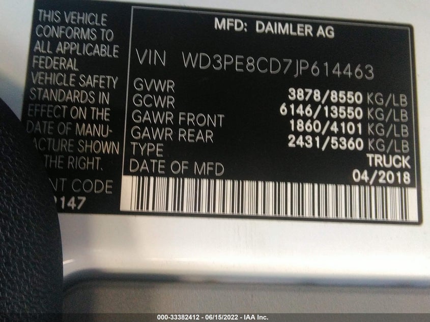 2018 MERCEDES-BENZ SPRINTER VIN: WD3PE8CD7JP614463