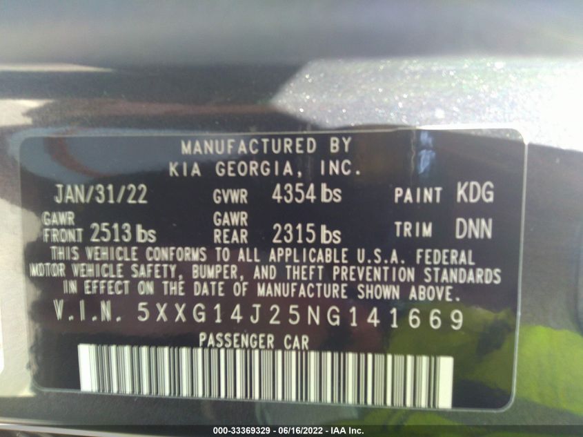 2022 KIA K5 LXS 5XXG14J25NG141669