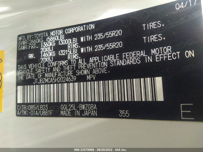 2017 LEXUS RX RX 350 JTJBZMCA5H2024639