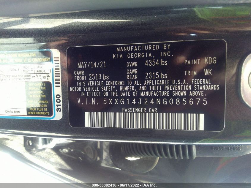 2022 KIA K5 LXS 5XXG14J24NG085675