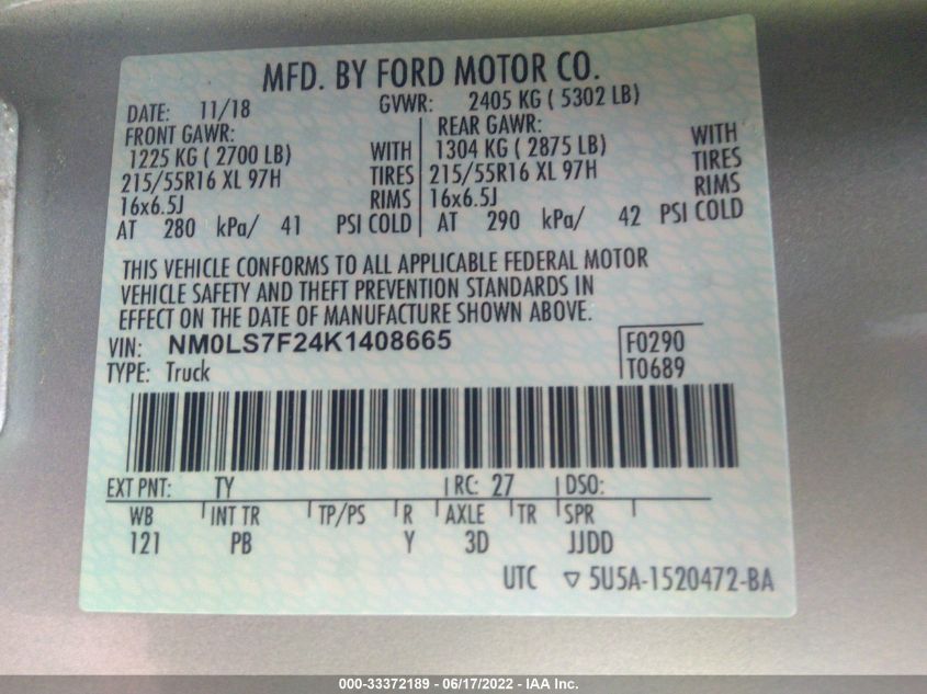 2019 FORD TRANSIT CONNECT VAN XLT NM0LS7F24K1408665