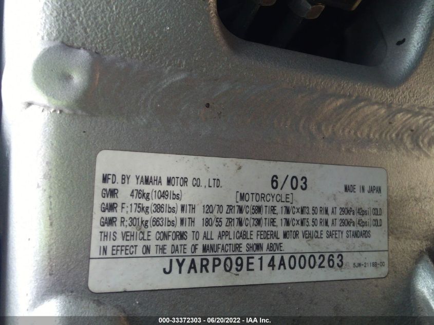 2004 YAMAHA FJR1300 A JYARP09E14A000263