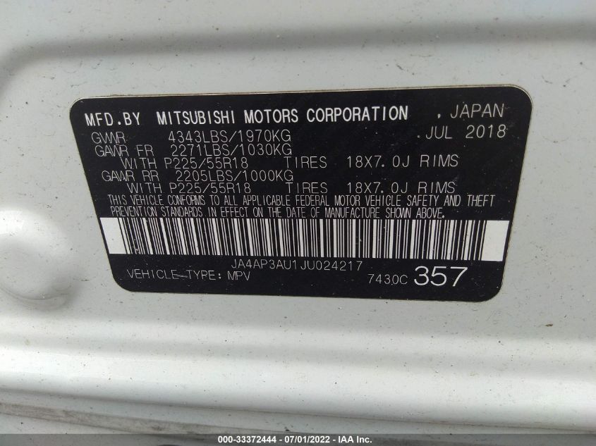 2018 MITSUBISHI OUTLANDER SPORT 2.0 JA4AP3AU1JU024217