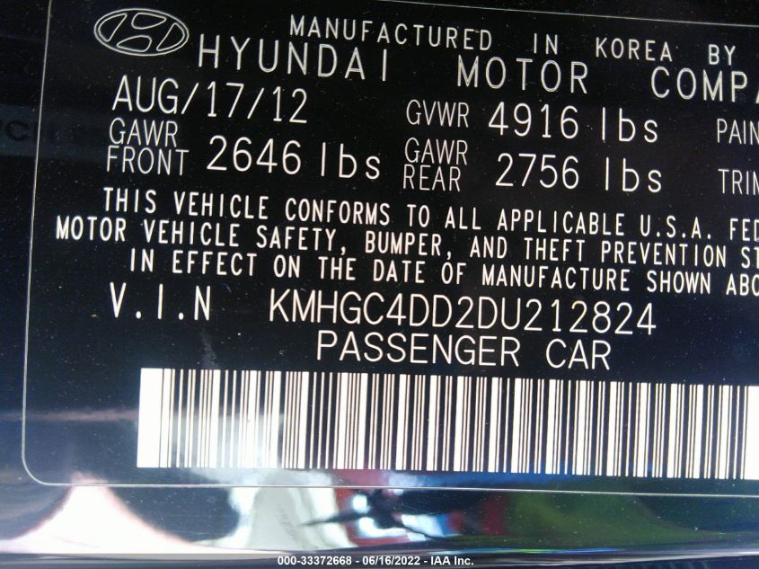 2013 HYUNDAI GENESIS 3.8L KMHGC4DD2DU212824