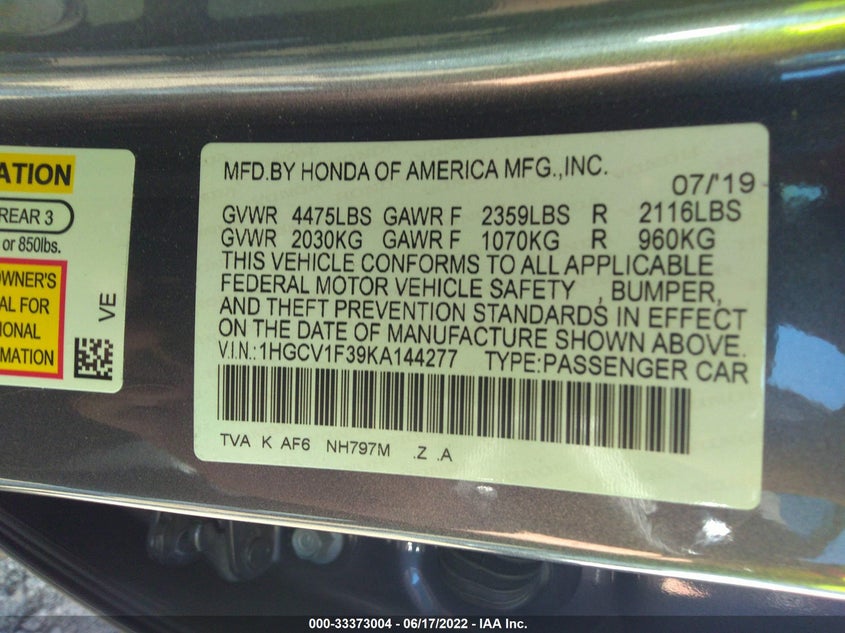 2019 HONDA ACCORD VIN: 1HGCV1F39KA144277