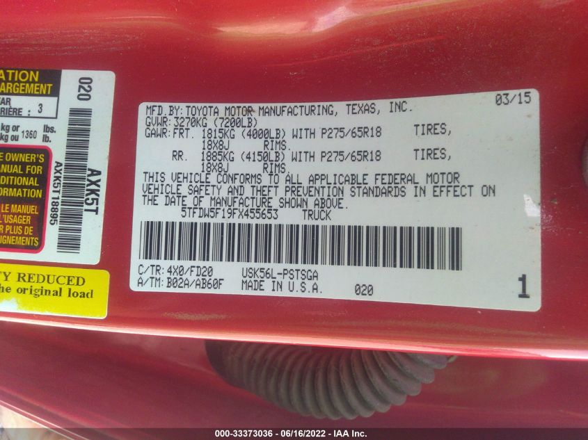 2015 TOYOTA TUNDRA 4WD TRUCK TRD PRO 5TFDW5F19FX455653