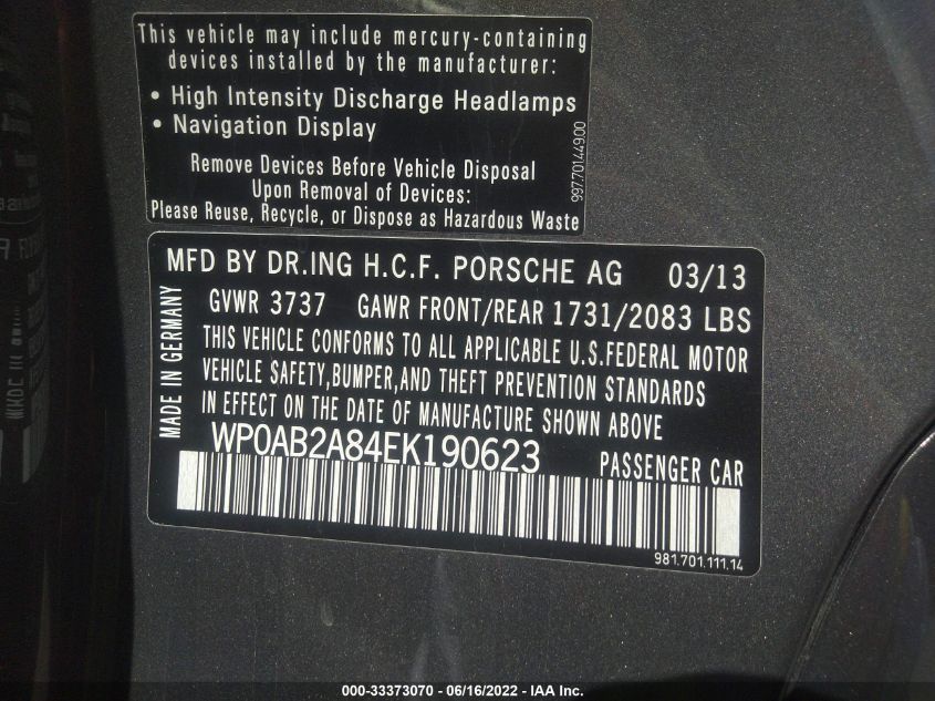 2014 PORSCHE CAYMAN S WP0AB2A84EK190623