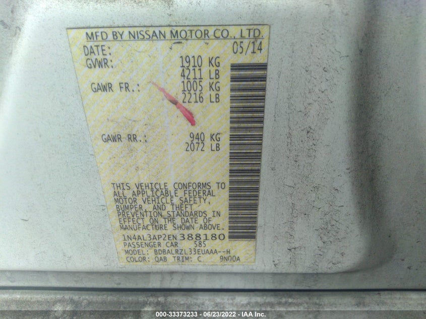 2014 NISSAN ALTIMA VIN: 1N4AL3AP2EN388180