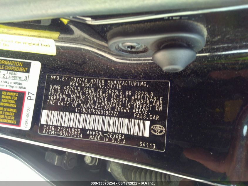 2016 TOYOTA CAMRY HYBRID LE/XLE/SE 4T1BD1FK2GU196727