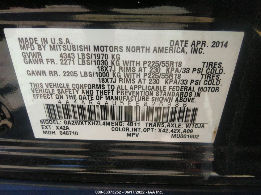 2014 MITSUBISHI OUTLANDER SPORT SE 4A4AR4AU5EE026986