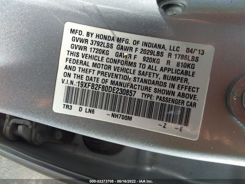 2013 HONDA CIVIC SDN EX 19XFB2F80DE230857