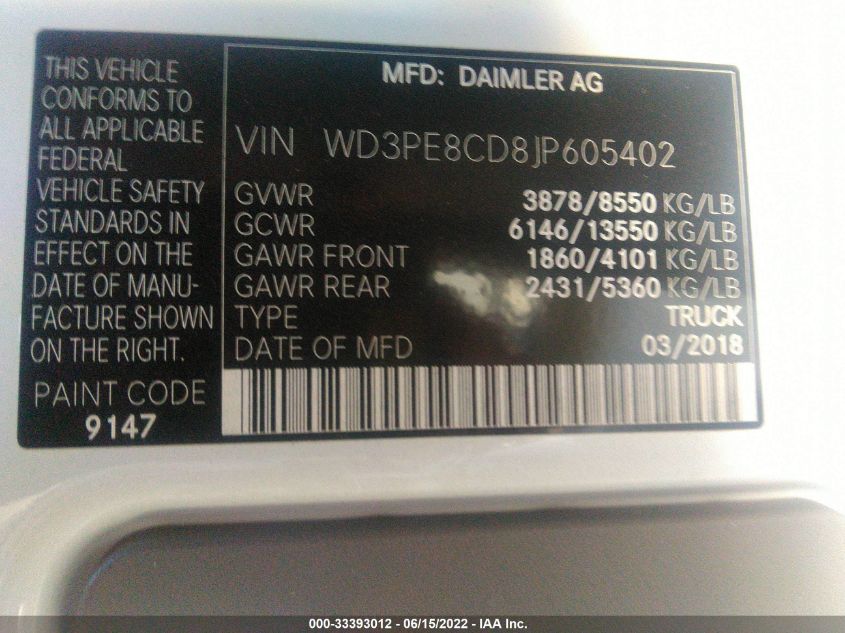 2018 MERCEDES-BENZ SPRINTER CARGO VAN WD3PE8CD8JP605402