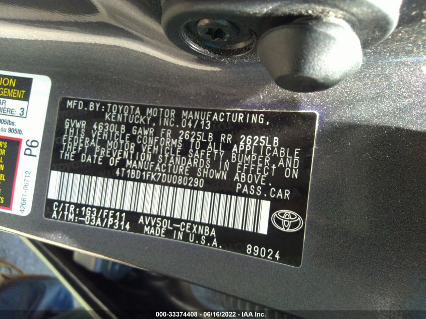 2013 TOYOTA CAMRY HYBRID LE/XLE 4T1BD1FK7DU080290