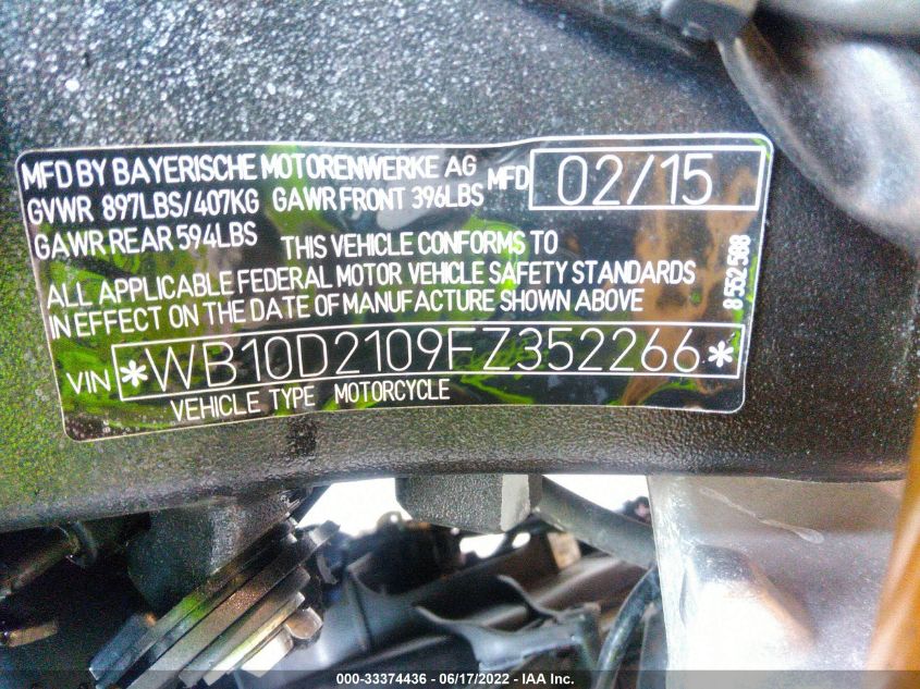 2015 BMW S 1000 RR WB10D2109FZ352266