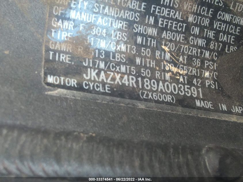 2009 KAWASAKI ZX600 R JKAZX4R189A003591