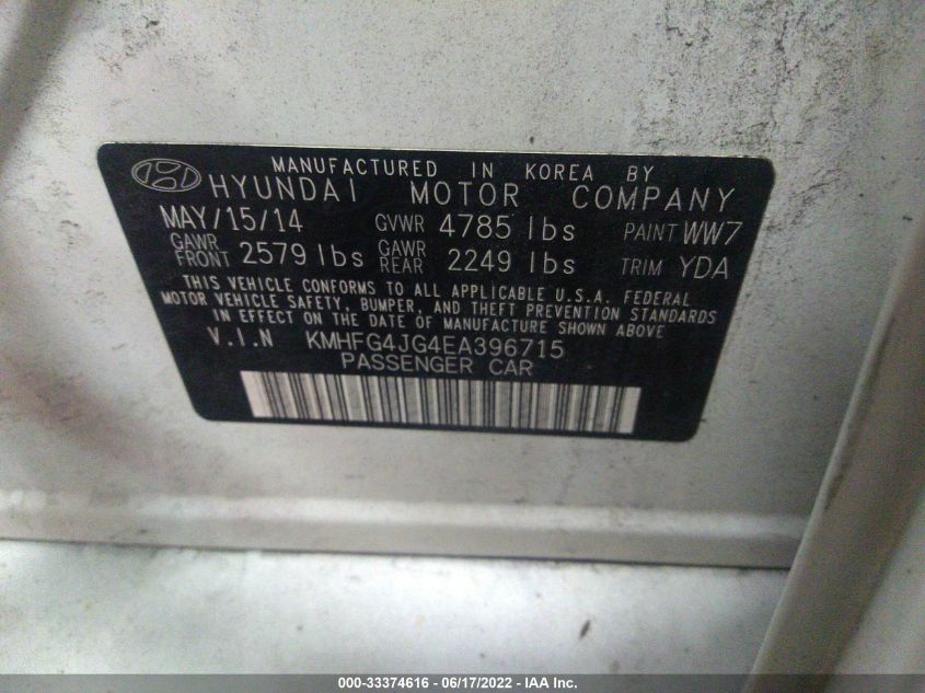 2014 HYUNDAI AZERA KMHFG4JG4EA396715