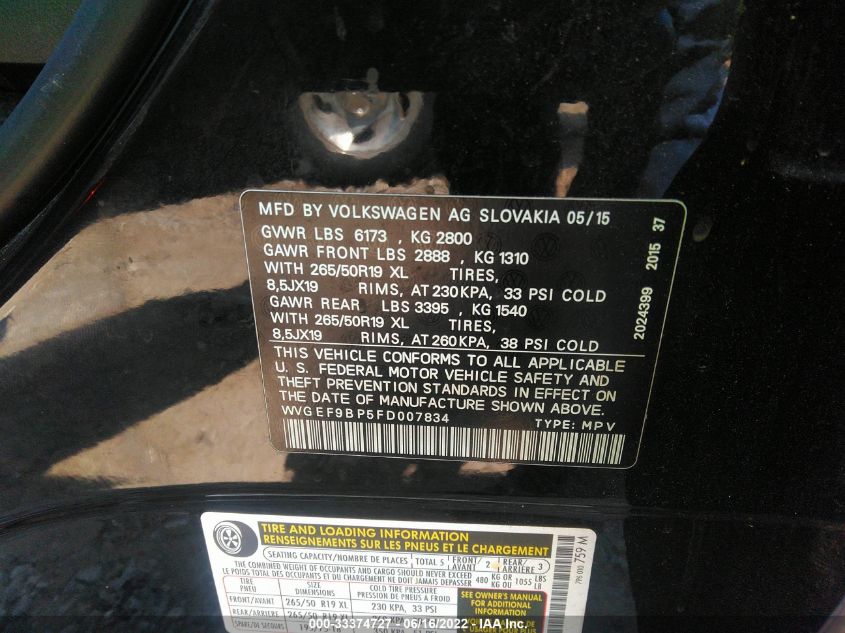 2015 VOLKSWAGEN TOUAREG LUX WVGEF9BP5FD007834