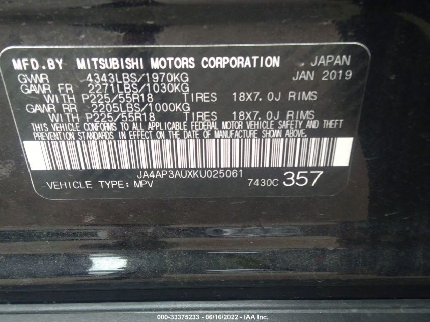 2019 MITSUBISHI OUTLANDER SPORT 2.0 JA4AP3AUXKU025061