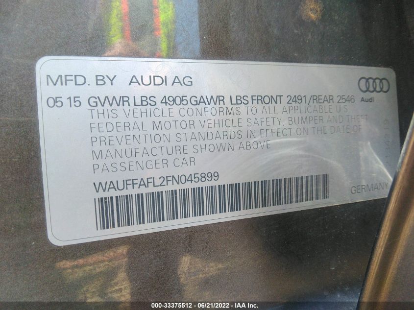 2015 AUDI A4 PREMIUM PLUS WAUFFAFL2FN045899