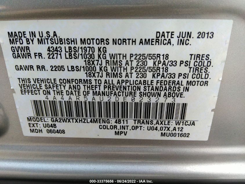 2013 MITSUBISHI OUTLANDER SPORT LE 4A4AR5AU2DE023273