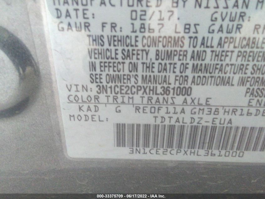 2017 NISSAN VERSA NOTE SV 3N1CE2CPXHL361000