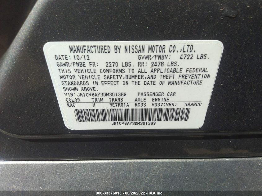 2013 INFINITI G37 SEDAN JOURNEY/SPORT JN1CV6AP3DM301389