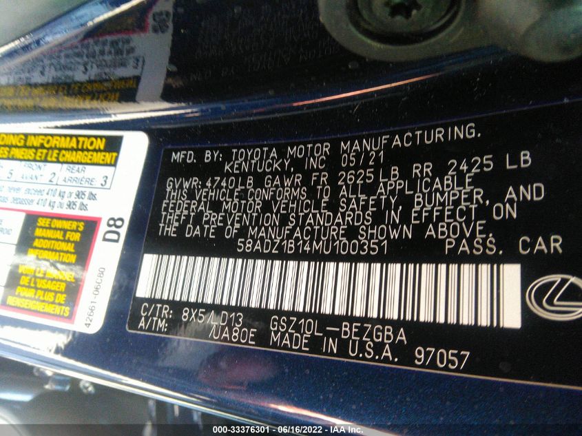 2021 LEXUS ES ES 350 58ADZ1B14MU100351