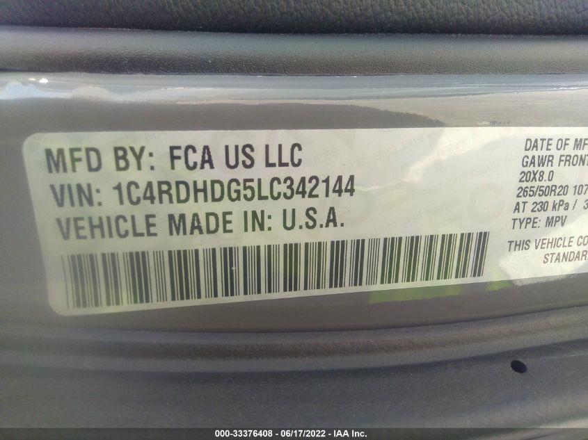2020 DODGE DURANGO GT PLUS 1C4RDHDG5LC342144