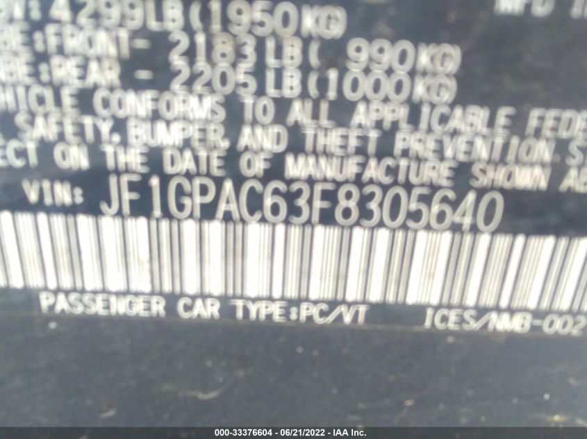 2015 SUBARU IMPREZA WAGON 2.0I PREMIUM JF1GPAC63F8305640