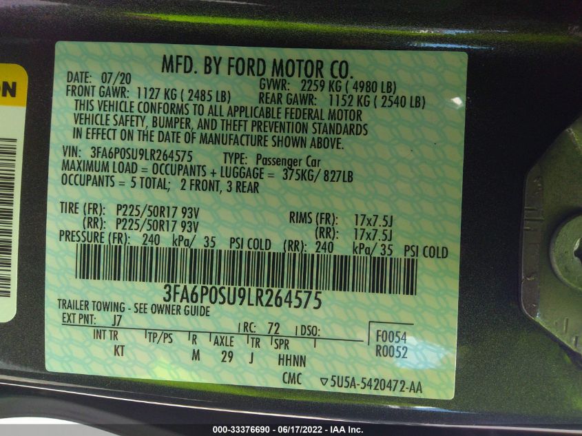 2020 FORD FUSION ENERGI TITANIUM 3FA6P0SU9LR264575