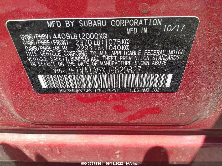 2018 SUBARU WRX JF1VA1A6XJ9820827