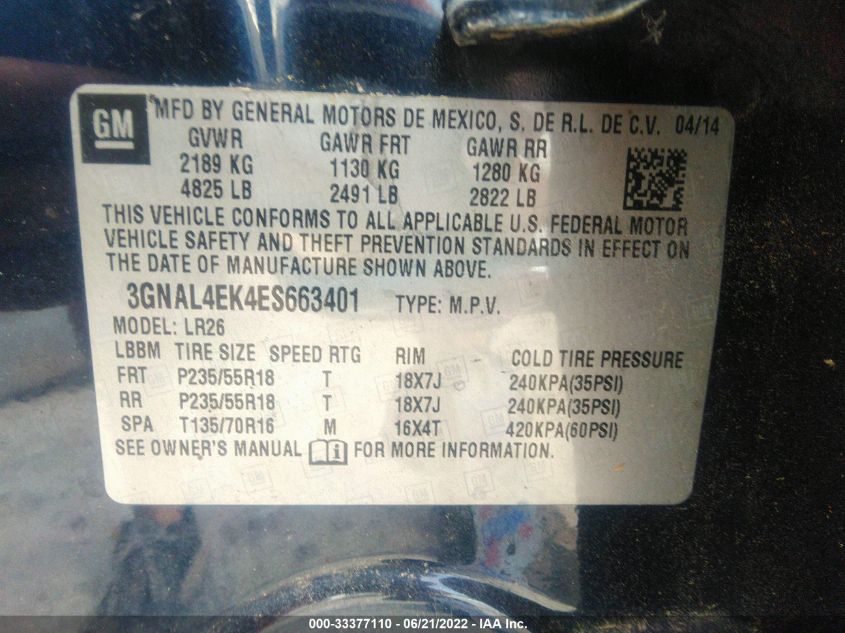2014 CHEVROLET CAPTIVA SPORT FLEET LTZ 3GNAL4EK4ES663401