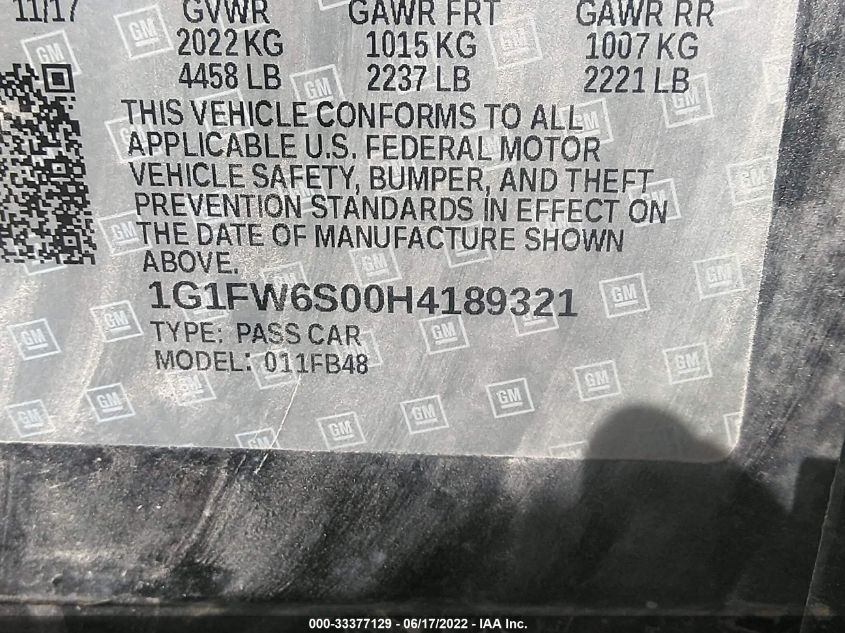 2017 CHEVROLET BOLT EV LT 1G1FW6S00H4189321