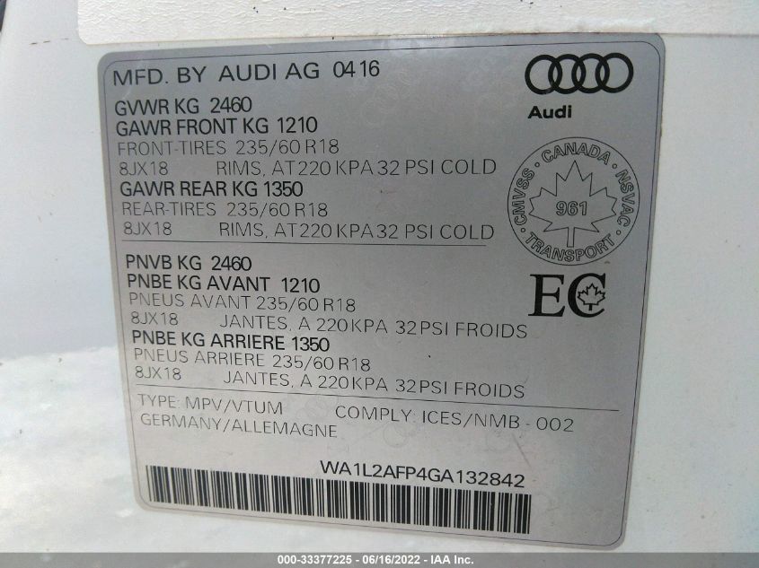 2016 AUDI Q5 PREMIUM PLUS WA1L2AFP4GA132842