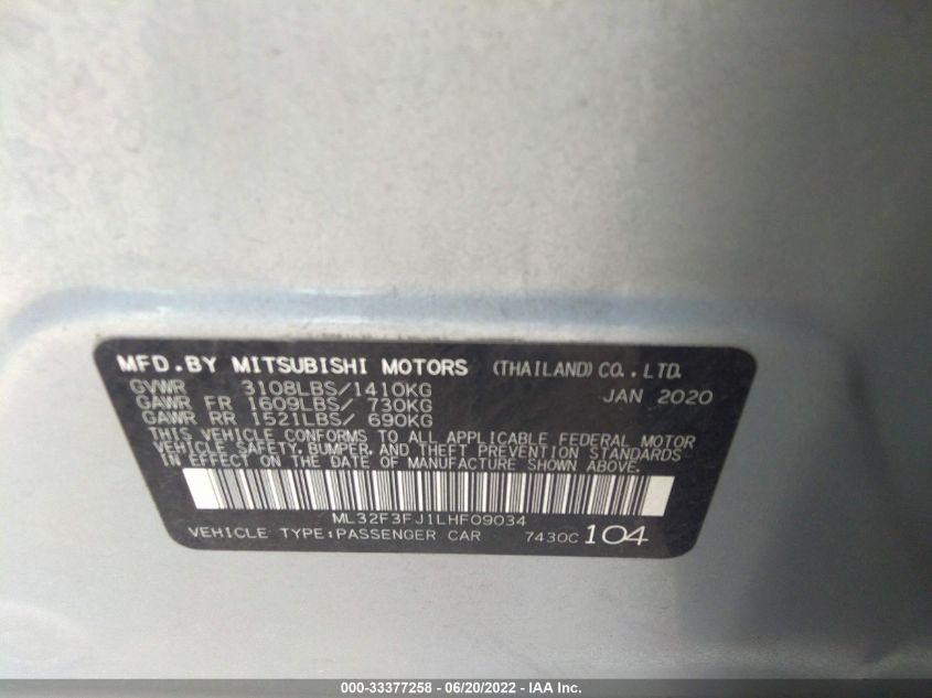 2020 MITSUBISHI MIRAGE G4 ES ML32F3FJ1LHF09034