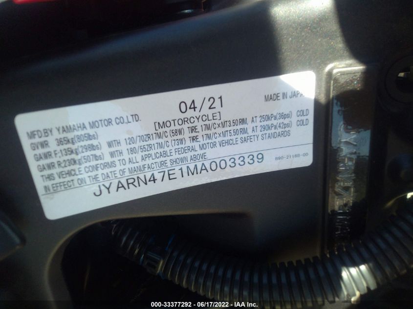 2021 YAMAHA XSR900 JYARN47E1MA003339