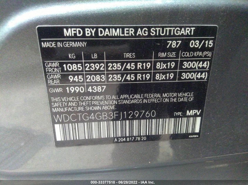 2015 MERCEDES-BENZ GLA-CLASS GLA 250 WDCTG4GB3FJ129760