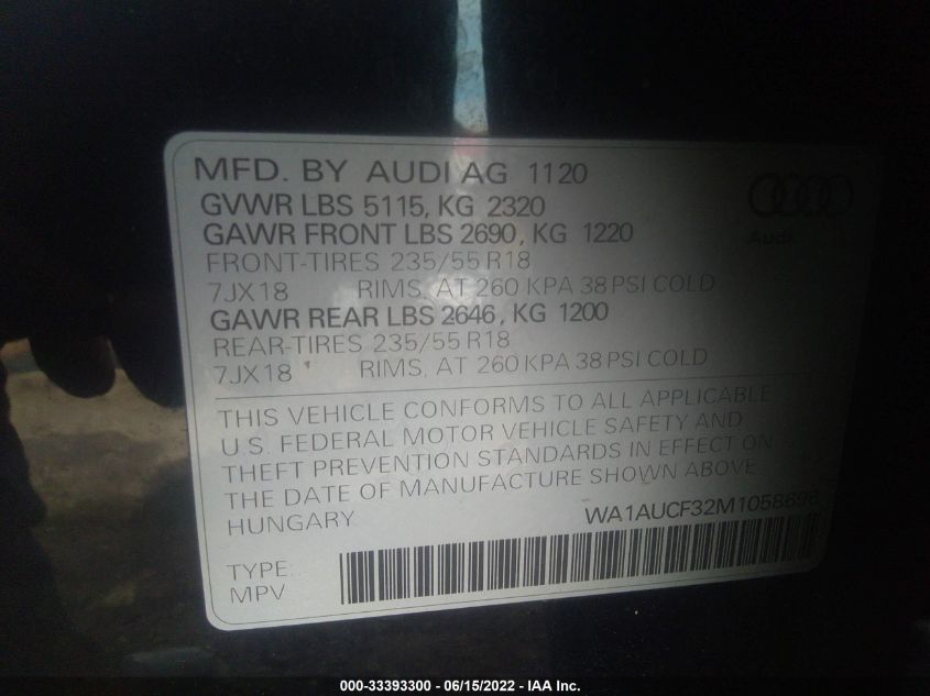2021 AUDI Q3 PREMIUM WA1AUCF32M1058696