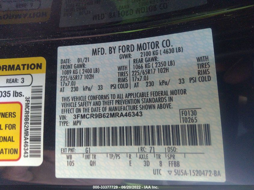 2021 FORD BRONCO SPORT BIG BEND 3FMCR9B62MRA46343