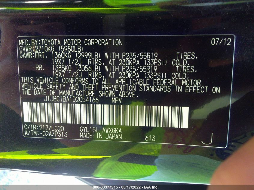 2013 LEXUS RX 450H 450 JTJBC1BA1D2054166