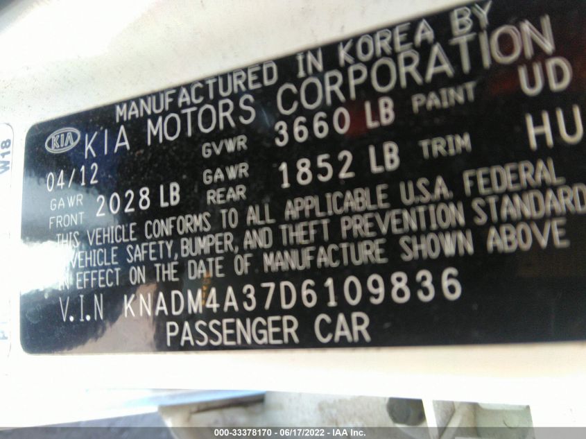 2013 KIA RIO LX KNADM4A37D6109836