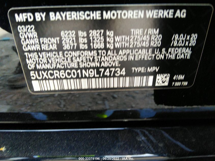 VIN 5UXCR6C01N9L74734 2022 BMW X5 no.9